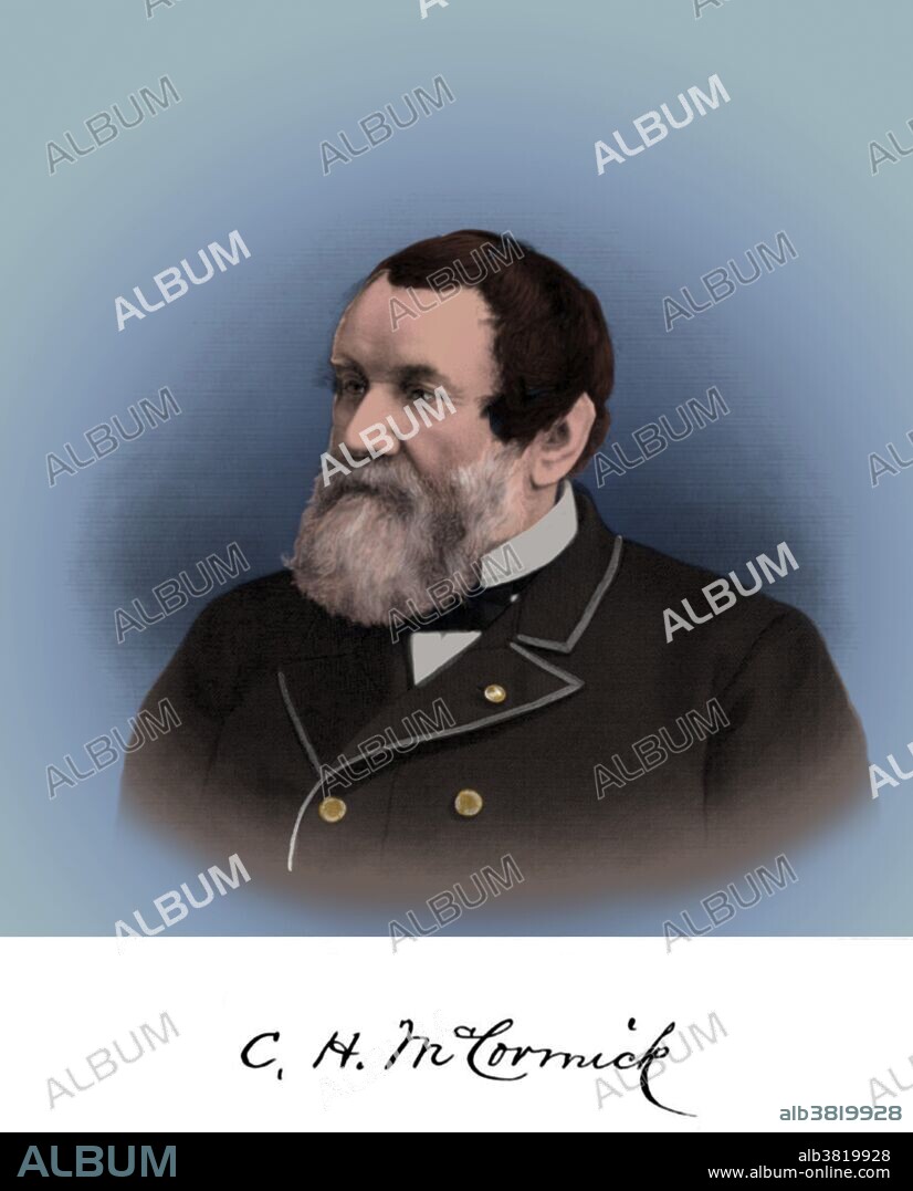 Cyrus Hall McCormick, Sr. (February 15, 1809 - May 13, 1884) was an American inventor and founder of the McCormick Harvesting Machine Company, which became part of International Harvester Company in 1902. Although McCormick is credited as the "inventor" of the mechanical reaper, he based his work on that of many others, including Scottish and American men, more than two decades of work by his father, and the aid of Jo Anderson (slave), a slave held by his family. Cyrus McCormick filed patents for the invention, and his achievements were chiefly in the development of a company, marketing and sales force to market his products. McCormick died in Chicago in1884. He was 75 and had been handicapped for the last four years of his life due to a stroke causing paralysis of the legs. This image has been colorized.