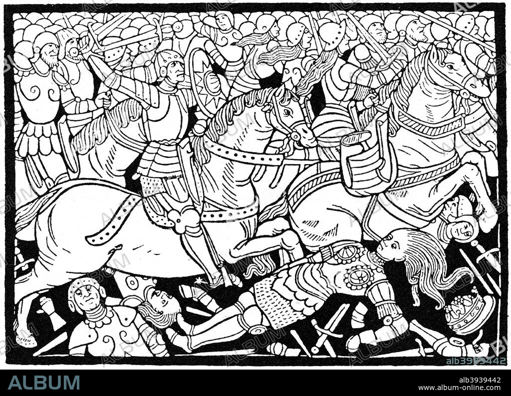 Death of Penthesilea, 1484 (1964). From Jacques Milet's L'istoire de la Destruction de Troye la Grant (Story of the Destruction of Troy), Paris, 1484. According to Greek mythology, Penthesilea was an Amazonian queen who fought on the side of Troy in the Trojan Wars, where she was killed by Achilles. A print from A History of Wood Engraving, by Douglas Percy Bliss, Spring Books, London, 1964.