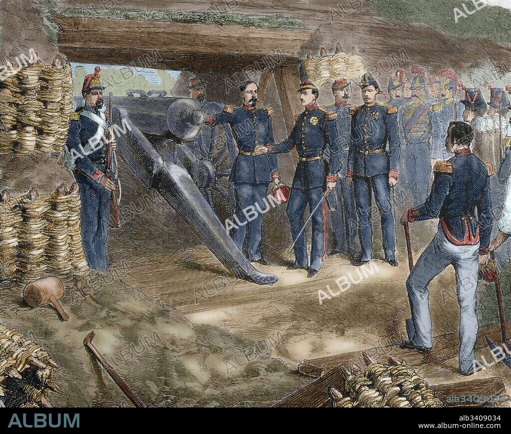 Francisco II de las Dos Sicilias (Nápoles, 1836-Arco, 1894). Rey de las Dos Sicilias (1859-1861). Hijo y sucesor de Fernando II. Su reino se vió invadido por las tropas de Garibaldi (mayo-octubre 1860). Fue depuesto en octubre de1860 y obligado a capitular en Gaeta, donde se refugió, en febrero de1861. El rey Francisco II visitando una batería de cañones en Gaeta. Grabado, Janet-Lange. L'Illustration, Journal Universel, París, 1860. Coloreado.