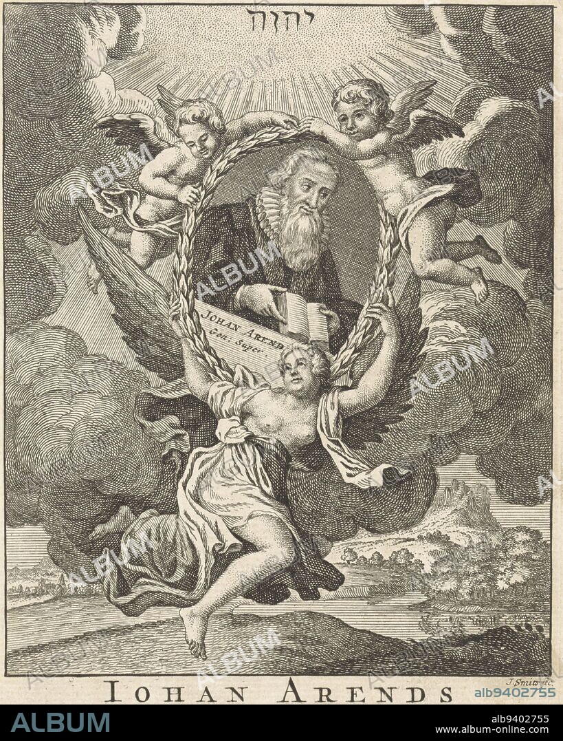 An angel and two putti hold up the portrait of German theologian Johann Arndt surrounded by a laurel wreath Above it in a halo the Tetragram Below the image the title and author of the book, Portrait of Johann Arndt Title page for one of the editions of: Johan Arendt All VI spiritual books of true christianity, print maker: Jan Smit (II), (mentioned on object), Amsterdam, 1741 - 1748, paper, etching, engraving, h 181 mm × w 131 mm.