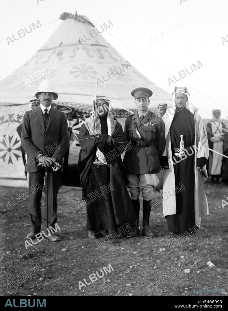 Abdullah I bin al-Hussein, King of Jordan [Abd Allah ibn al-Husayn], February 1882 20 July 1951, born in Mecca, Second Saudi State, (in modern-day Saudi Arabia) was the second of three sons of Sherif Hussein bin Ali, Sharif and Emir of Mecca and his first wife Abdiyya bint Abdullah (d. 1886). He was educated in Istanbul, Turkey and Hijaz. From 1909 to 1914, Abdullah sat in the Ottoman legislature, as deputy for Mecca, but allied with Britain during World War I. Between 1916 to 1918, working with the British guerrilla leader T. E. Lawrence, he played a key role as architect and planner of the Great Arab Revolt against Ottoman rule, leading guerrilla raids on garrisons. He was the ruler of Transjordan and its successor state, Jordan, from 1921 to 1951-first as Emir under a British Mandate from 1921 to 1946, then as King of an independent nation from 1946 until his assassination in 1951. Herbert Louis Samuel, 1st Viscount Samuel GCB OM GBE PC (6 November 1870 2 February 1963) was a British politician and diplomat. Sir Wyndham Henry Deedes CMG DSO (10 March 1883 2 September 1956) was a British Brigadier General and was also the Chief secretary to the British High Commissioner of the British Mandate of Palestine.