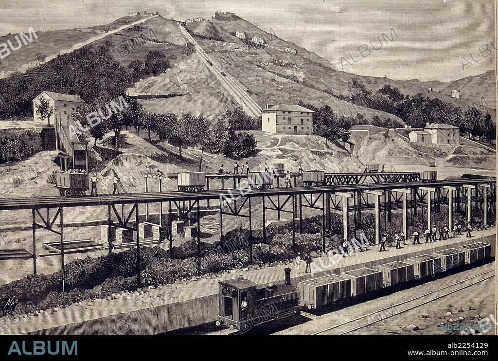 FERROCARRILES. ESPAÑA. MINAS DE SOMORROSTRO ( BILBAO ). PLANO INCLINADO Nº 1 DEL MONTE CADEGAL , AÑO 1882. GRABADO. ILUSTRACION ESPAÑOLA Y AMERICANA.