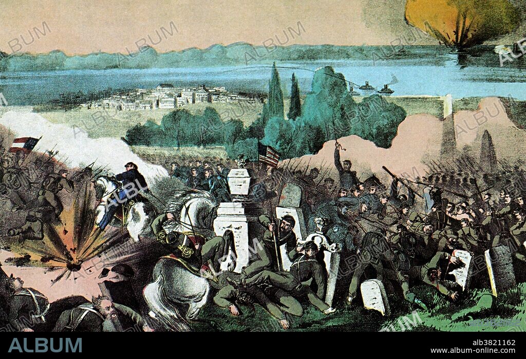 Lithograph entitled and captioned: "The Battle of Baton Rouge, Louisiana, August 4th, 1862. The attack was made by the Rebels under General Breckinridge with fifteen regiments and ten pieces of Artillery, the Union forces consisted of 2500 men and a few pieces of artillery under General Williams, the fight lasted six hours when the Rebels were repulsed and forced to retreat, the great rebel iron clad ram gunboat 'Arkansas' also approached to cooperate with the rebels but was promptly attacked by the 'Essex', under Commodore Porter, and after a short engagement set on fire and destroyed." The Battle of Baton Rouge was a ground and naval battle in the American Civil War fought in East Baton Rouge Parish, Louisiana, on August 5, 1862. The Union victory halted Confederate attempts to recapture the capital city of Louisiana.