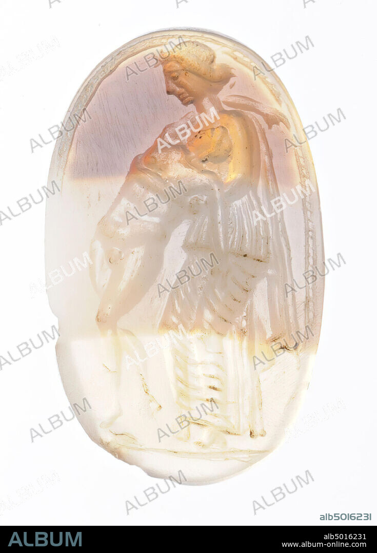 Vz: ground line, around a striped band through which the heads of a woman and a youngster stand out, a dying youngster in three-quarters frontal, naked except his boots, his right arm has been wrapped around the neck of a woman, she supports him with her arms under his armpits, she is dressed in a chiton and himation., gem, intaglio, ringstone, striped agate, Color: white.