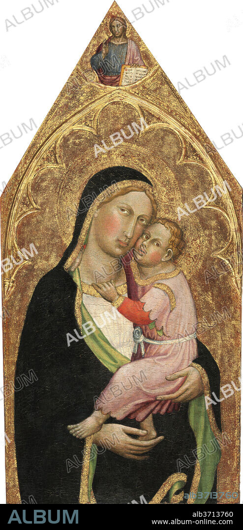 MARTINO DI BARTOLOMEO. Madonna and Child, with the Blessing Christ [middle panel]. Dated: c. 1415/1420. Dimensions: painted surface: 106.05 × 50.8 cm (41 3/4 × 20 in.)  original panel: 117.48 × 52.39 × 4.13 cm (46 1/4 × 20 5/8 × 1 5/8 in.)  overall (with added wood strips): 120.65 × 60.96 × 4.13 cm (47 1/2 × 24 × 1 5/8 in.)  depth (indicates warp of the panel): 8.57 cm (3 3/8 in.). Medium: tempera on panel.