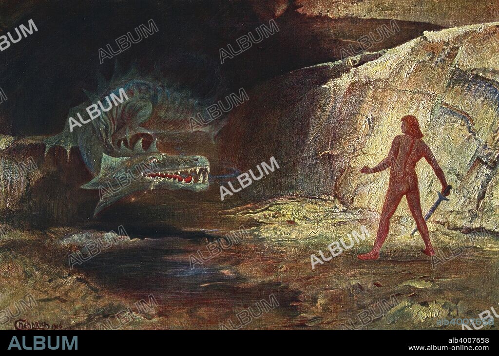 'Siegfried and Fafner', 1906. Siegfried confronts Fafner, the giant transformed into a dragon. 'From The Ring Cycle of operas by German composer Richard Wagner.