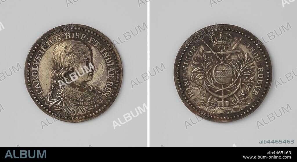 Peace of Aachen, in honor of Charles II, King of Spain, Silver Medal. Obverse: bust of a young man (Charles II) within a circle. Reverse: crowned coat of arms between scepter, epee, olive branches, spade and anchor within a circle., Aachen, Spain, Charles II (King of Spain), Adriaan Waterloos, Brussels, 1668, silver (metal), gilding (material), gilding, d 3.7 cm × w 14.33 gr.