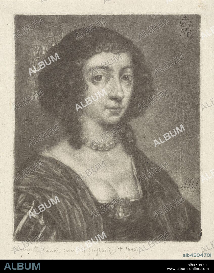 Portrait of Henrietta Maria of Bourbon, Queen of England, Wife of Charles I, King of England., Henrietta Maria de Bourbon (Queen of England), Abraham Bloteling (mentioned on object), Amsterdam, 1652 - 1690, paper, engraving, h 146 mm × w 120 mm.
