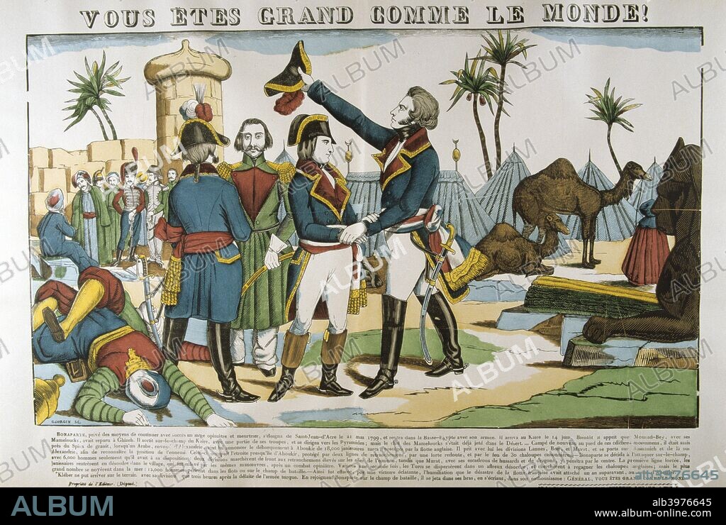 Napoleon and General Kleber on the expedition to Egypt, 1798, (c1835). The French attempted to invade and expel the ruling Mamelukes in the Battle of the Pyramids. More than 5000 of the Mameluke force were killed or wounded, while Bonaparte's Army of the Orient lost 300 men. The Pyramids won Lower Egypt for France. General Jean-Baptiste Kleber was given the honour of taking command of all French forces when Bonaparte returned to France. Kleber held together his isolated troops in the face of an increasingly hostile native population and a large Ottoman army. He won a key action at Heliopolis and retook Cairo but, when on the verge of stabilising the situation, was assassinated by a knife-wielding fanatic.