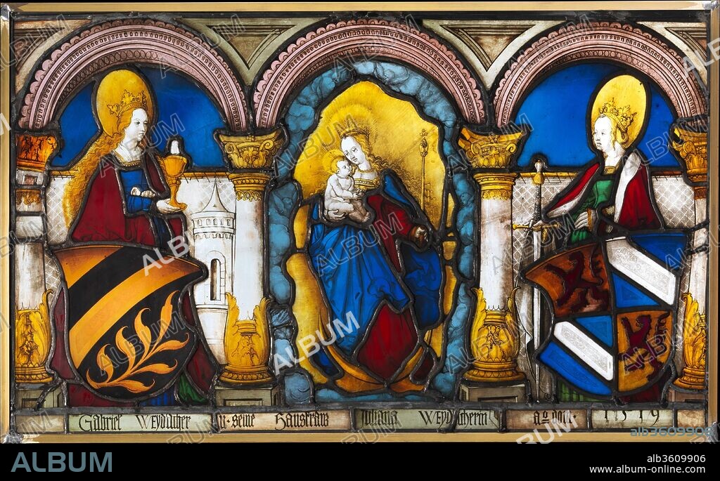 Marriage Panel of Gabriel Weydacher and his wife Juliana Wemis with the Virgin and Child and Saints Barbara and Catherine. Artist: After a design by Leonhard Beck (German, 1480-1542). Culture: German. Dimensions: 17 15/16 × 29 1/4 × 3/8 in. (45.6 × 74.3 × 1 cm). Date: 1519.
This heraldic panel memorializes the marriage of Gabriel Weydacher and Juliana Wemis. In 1514 Weydacher became record keeper of the vast Schwaz (Tirol, Austria) silver mines, which were financed by the Fugger family of Augsburg and were the source of great wealth for the Emperor Maximilian I. Like many other Schwaz families, whose wealth and social status derived from the silver mines, Weydacher commemorated his union by donating this armorial panel to the glazed cloister of the local Franciscan monastery, where it was installed in the window in the northeast corner. Directly opposite the window was a large wall painting commissioned by Weydacher who appears as donor supporting a shield with his arms. A Franciscan context is further indicated by the central image of the Virgin and Child on a crescent moon in an aureole surrounded by a glory of angels amidst clouds signifying Santa Maria degli Angeli, the parish church outside of Assisi and the birth place of the Franciscan Order. The glazing of the cloister was removed at an early date and although other analogous panels are recorded this appears to be the only one to survive. The design is attributed to Augsburg artist Leonhard Beck. The artist who executed the figures employed only a point of brush, light wash and a fine pointed stylus defining forms and volumes with remarkable economy and linear finesse. The palette of glass dominated by cerulean blue, deep red and golden hues of silver stain brings vibrant radiance to the panel while the composition skillfully balances the heraldic shields, the holy personages and the architecture that frames them. Of the highest quality and of great rarity, this panel, which is essentially secular but comes from a monastic context, constitutes a significant and appropriate addition to The Cloisters collection.