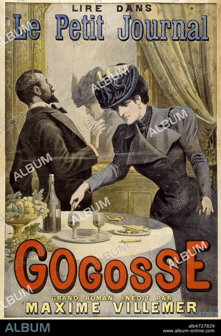 Une femme empoisonne la boisson de son mari. 'Gogosse, grand roman inedit par Maxime VILLEMER (pseudonyme de Anne VIOLET, autrice de romans populairers) , publie dans le Petit Journal vers 1900. Publicite illustree par H. MEYER (1844-1899). Credit : Coll. Jonas/KHARBINE-TAPABOR.