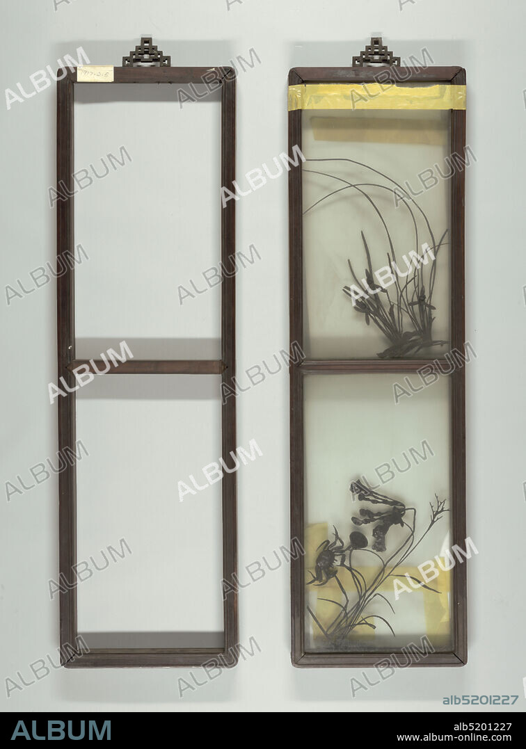 Panel, iron, wood (teak), glass, Teak panel in two sections, glass fronts, ground-glass backs. Fret-scroll metal hanger. Upper section: Bamboo, main stem, with small shoots and leaves, all in wrought iron. Lower section: Orchids, two flowers, and a crcket, all in wrought iron., China, 182150, metalwork, Decorative Arts, Panel.