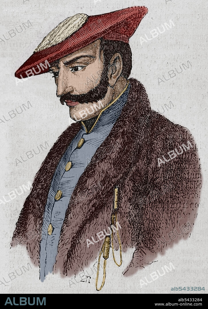 Tomás Zumalacárregui (1788-1835). Militar español. Al estallar la Primera Guerra Carlista (1833-1840) se unió a las filas del pretendiente Don Carlos, alcanzando el grado de general. Murió durante el sitio de la ciudad de Bilbao. Retrato. Grabado coloreado. Historia General de España por el Padre Mariana. Madrid, 1853.