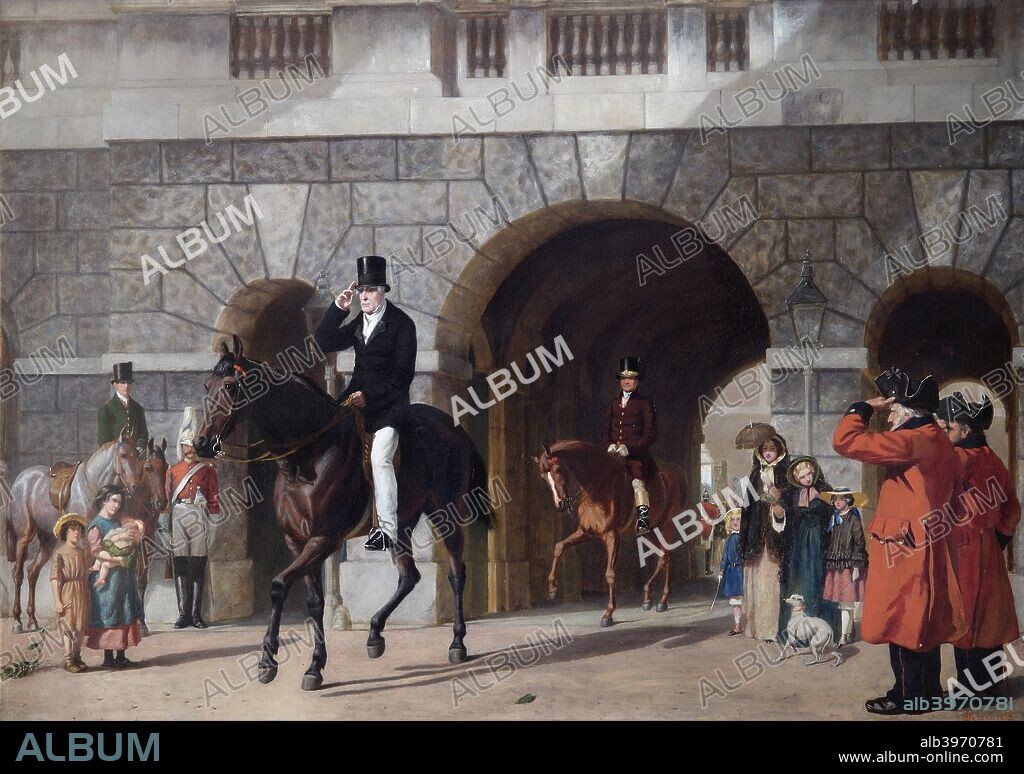 'His Last Return from Duty', 1853. The Duke of Wellington rides away from his office for the last time as Commander-in-Chief. From the collection of Apsley House, London.