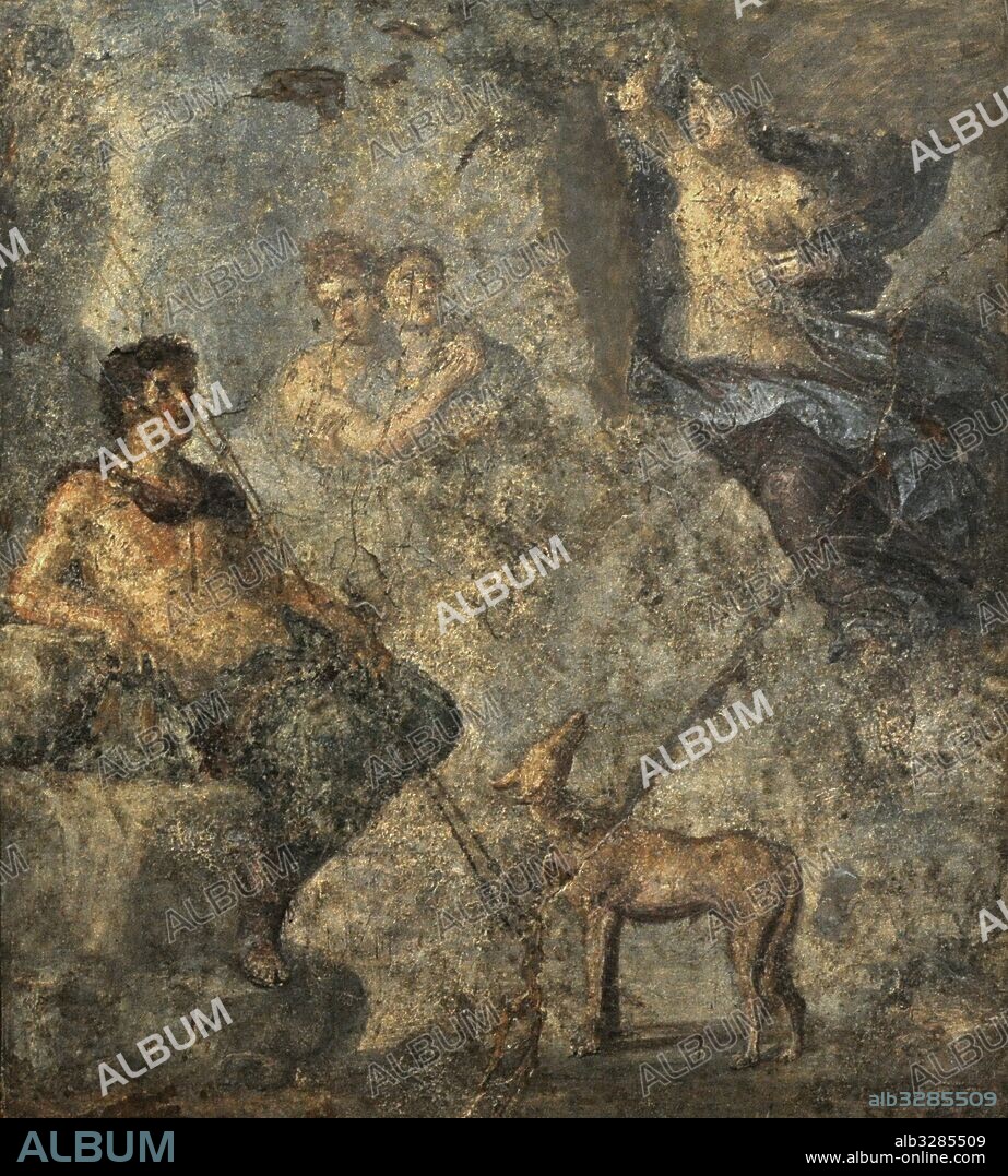 Endimión contempla a su amada Selene descendiendo hacia él cubierta con un manto oscuro. Fresco romano. Triclinium. Casa de los Dioscuros. Museo Arqueológico Nacional. Nápoles. Italia.