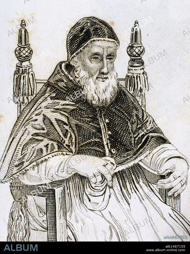 JULIO II (1443-1513). Papa italiano (1503-1513), de nombre Giulano della Rovere. Creador de la Guardia Suiza. En el año 1506 inició la construcción de San Pedro del Vaticano. Fue mecenas de Miguel Angel y Rafael. S. XVI. Grabado S. XIX.