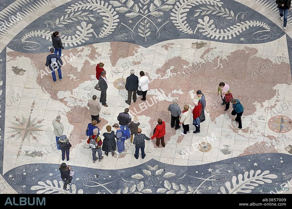 World map in the pavement in front of the Padrao dos Descobrimentos, Monument to the Discoveries, Belem, Lisbon, Lisbon District, Portugal, Europe.