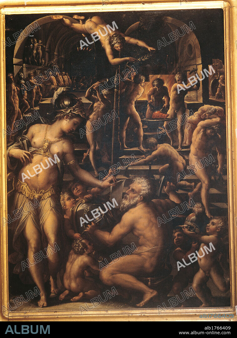 The Forge of Vulcan, by Giorgio Vasari, 1564 about, 16th Century, oil on copper, cm 38 x 28. Italy, Tuscany, Florence, Uffizi Gallery. In the Gallery collections since 1948. All. Oven furnace forge Vulcan anvil hammer work transformation metals Minerva try square compasses nude bodies shield helmet. Authorization required for non editorial use.