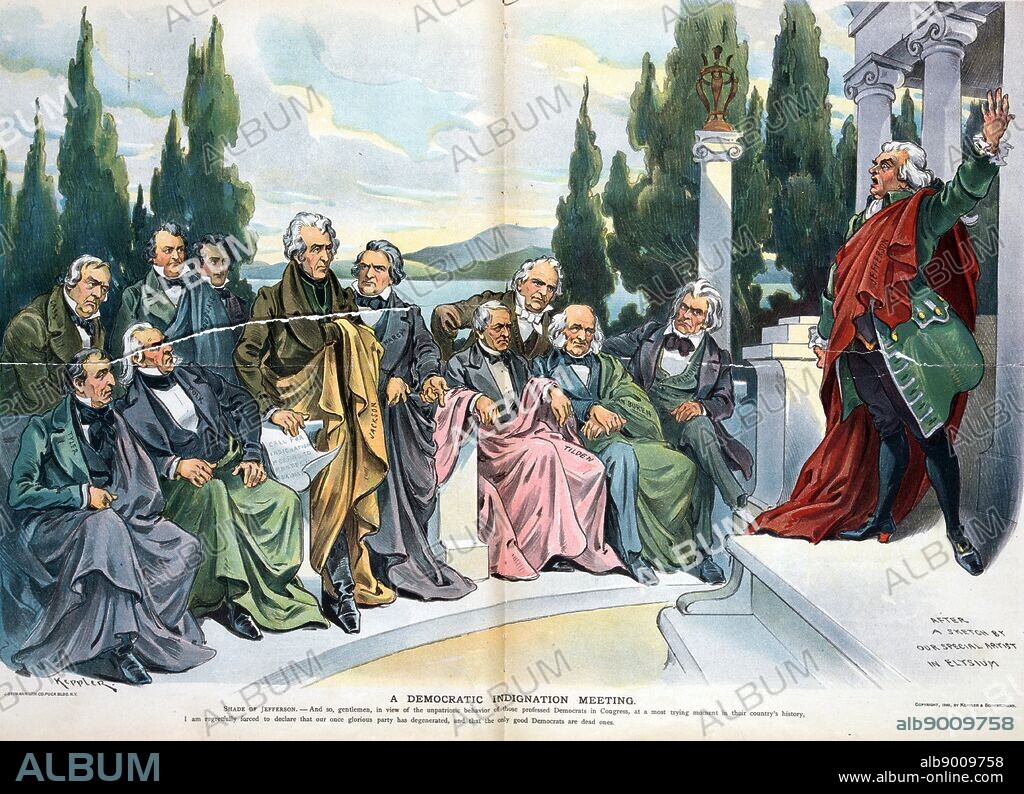 A Democratic Indignation Meeting 1899 March. Print of Thomas Jefferson speaking to a gathering of ghosts including John Tyler, Lewis Cass, James K. Polk, Stephen A. Douglas, Franklin Pierce, Andrew Jackson, William L. Marcy, Samuel J. Tilden, James Buchanan, Martin Van Buren, and John C. Calhoun.