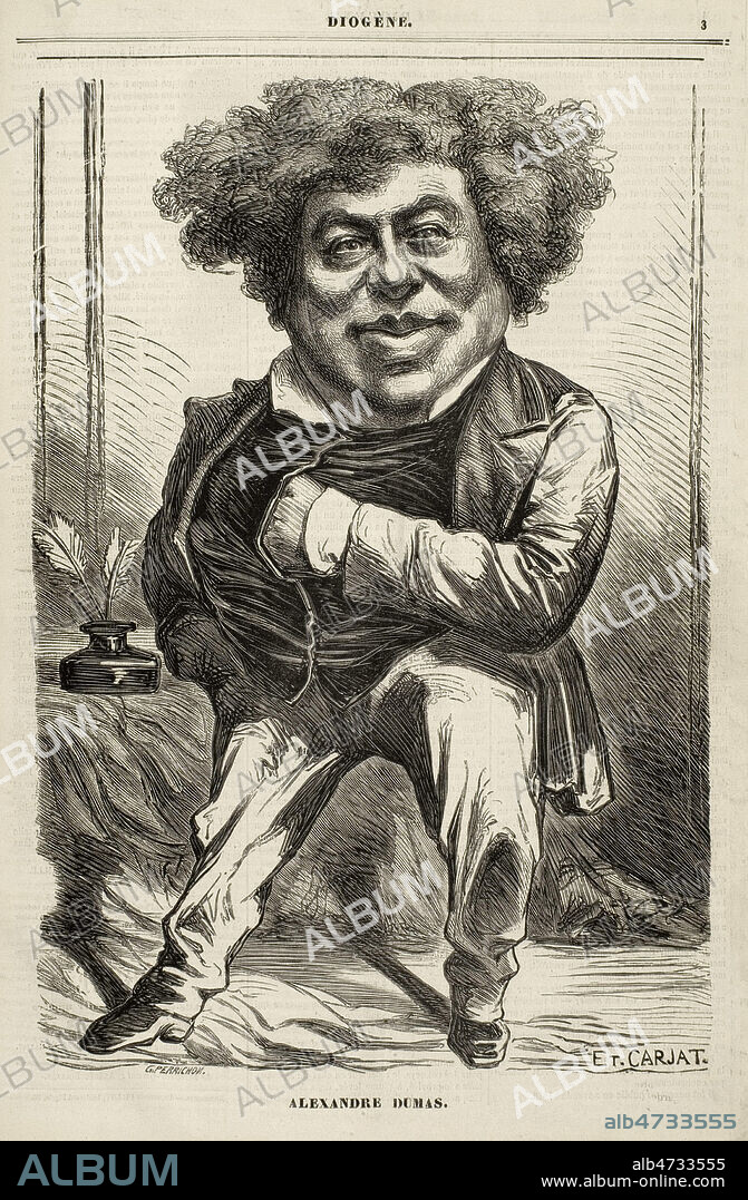 Alexandre DUMAS Pere (1802-1870). Caricature par Etienne CARJAT (1828-1906) pour Diogene du 17 aout 1856. Credit : Coll. Dixmier/KHARBINE-TAPABOR.