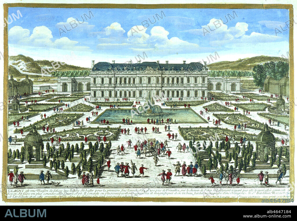'Clagny': Louis XIV (1638-1715) demanda a Jules Hardouin-Mansart (1646-1708) de lui batir le chateau de Clagny en 1674, pour heberger Madame de Montespan (1641-1707) et les enfants qu'il eut avec elle. De nos jours, il ne reste plus rien de ce chateau ; in 'Vues des belles maisons de France', estampe de Gabriel Perelle (1604-1677), 1680, Paris, N. Langlois (gravure du temps).. Estampe de la fin du 17eme siecle.. Credit : Coll. BHVP-Grob/Kharbine-Tapabor.