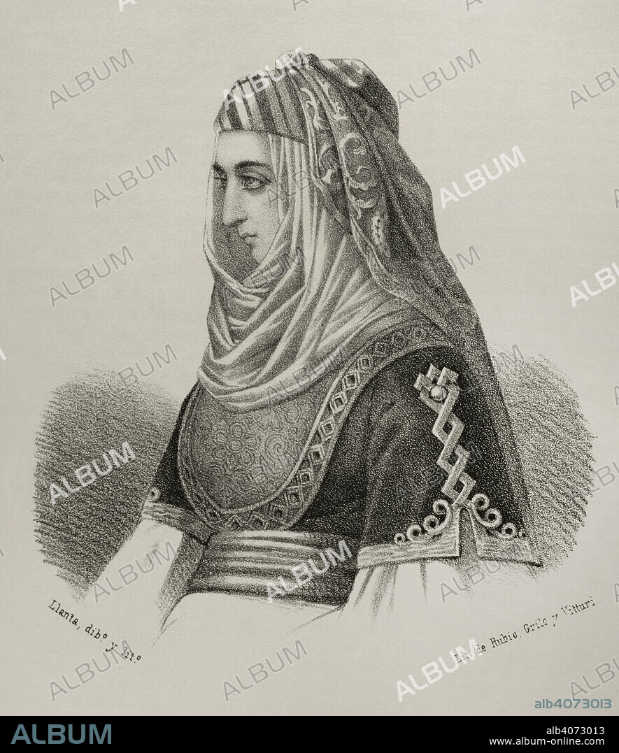 SANTIAGO LLANTA (FL. 1866-1872). FRENCH LITHOGRAPHER WHO WORKED IN SPAIN.. Aisha bint Muhammad ibn al-Ahmar (siglo XV). Reina de Granada, llamada Aisha al-Hurra o Aixa. Esposa del rey nazarí Muley Hacén (1436-1485) y madre de Boabdil el Chico (1459-1533). Retrato. Dibujo por Llanta. Litografía. Crónica General de España, Historia Ilustrada y Descriptiva de sus Provincias. Andalucía, 1869.