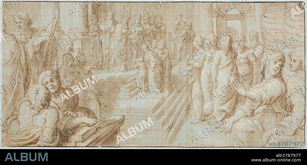 Trometta / 'Presentation of the Virgin in the Temple'. Third quarter of the XVI century. Wash, White lead, Pencil, Grey-brown ink on blue paper.