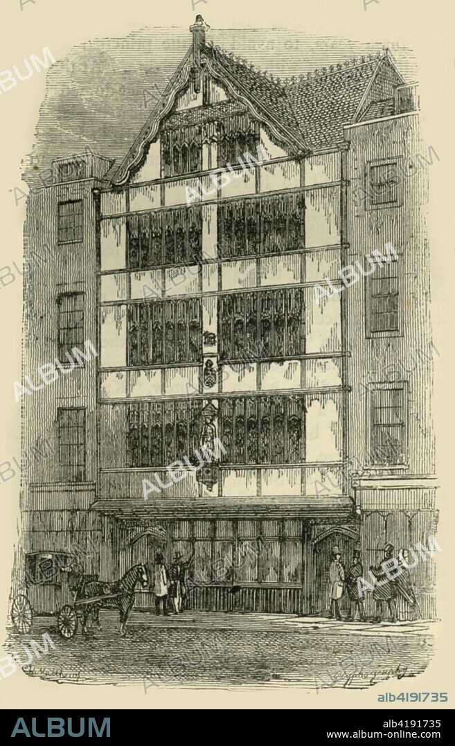 'Street Front of Crosby Hall', c1872. Crosby Hall, Bishopsgate, City of London, was built in 1466 by the wool merchant Sir John Crosby. From 1621 to 1638 the East India Company used the building as a warehouse. Crosby Hall  is the only surviving example of a medieval City merchant's house in London. From Old and New London, Vol. II: A Narrative of Its History, Its People, and Its Places, by Walter Thornbury. [Cassell, Petter, Galpin & Co., London, Paris & New York].