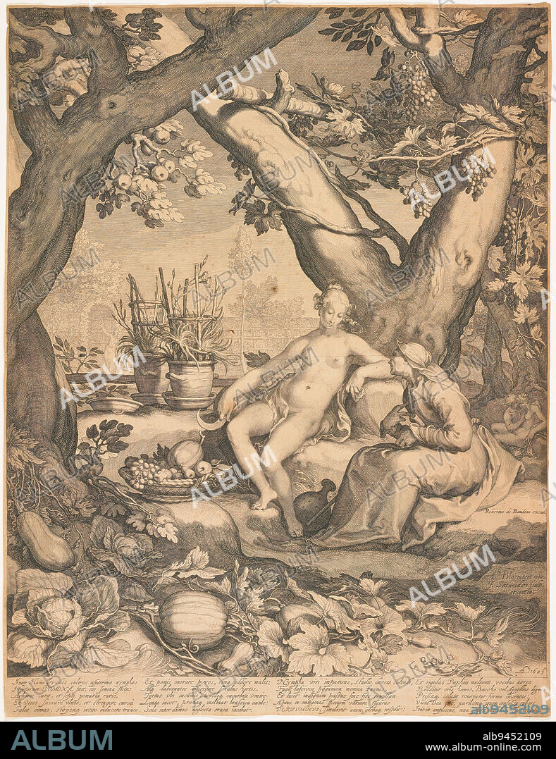Vertumnus and Pomona, 1605 (printed later), Jan Saenredam; Designer: After a design by Abraham Bloemaert, Dutch, 15661651, 18 3/8 x 14 in. (46.67 x 35.56 cm) (sheet, irregular)29 x 23 in. (73.66 x 58.42 cm) (outer frame), Engraving, Netherlands, 17th century, The story of Vertumnus and Pomona dates to Roman antiquity, but was made popular and accessible through Ovids 'Metamorphoses.' Vertumnus, the god of seasonal change, had designs on Pomona, the goddess of orchards and gardensher name remaining familiar through the word pomegranate or the French word for apple. She was a beauty with a reputation for thwarting male advances. Bloemaert appropriately showed her surrounded by an abundance of luscious produce, andgiven her reputation in the realm of romanceher sickle may have had uses that would give a man pause. But Vertumnus had a plan: he disguised himself as an old woman to gain entry into Pomonas garden, and there gave her counsel against rejecting suitors, eventually seducing her himself. The choice of the Vertumnus and Pomona as a subject is typical of the late Mannerist phase. Earlier on, artists had sought esoteric, obscure subjects, but as time passed, they gravitated to more widely known stories, especially erotic tales available in the 'Metamorphoses.'.