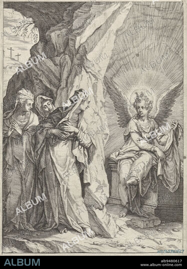 Three Marys at the Tomb, Egbert van Panderen, after Hans von Aachen, c. 1590 - 1637, At the tomb of Christ an angel appears to the three holy women who have come to anoint Christ. One of them has the anointing pot in her hands. In the background the three crosses. In the margin a two-line caption in Latin., print maker: Egbert van Panderen, (mentioned on object), Hans von Aachen, (mentioned on object), Richard Lubbaeus, (mentioned on object), Noord-Nederland, c. 1590 - 1637, paper, engraving, h 134 mm × w 91 mm.