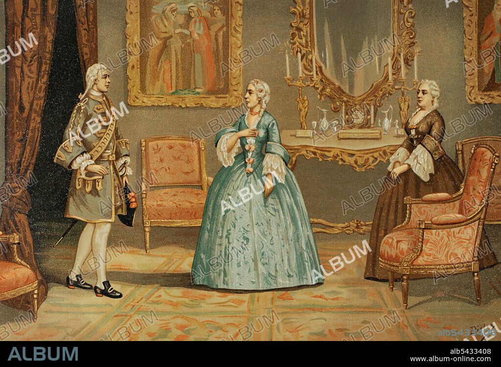 Marie Anne de la Trémoille (ca.1642-1722). Princesse des Ursins. Queens camarera mayor to Maria Luisa of Savoy (first wife of King Philip V of Spain). On 23 December 1714, shortly after Isabella of Farnese's arrival in Spain, Ursins went to meet her in Jadraque (Guadalajara province). Instead of receiving the graces of the new queen, she was expelled from Spain. Isabella of Farnese ordered the head of the Body Guard, Amezaga, to accompany her to the border with France, escorted by members of the Guard and imprisoning her entire service. Prison of the princess des Ursins. Illustration by Bielsa. Chromolithography. "Historia General de España" (General History of Spain), by Miguel Morayta. Volume V. Madrid, 1891.
