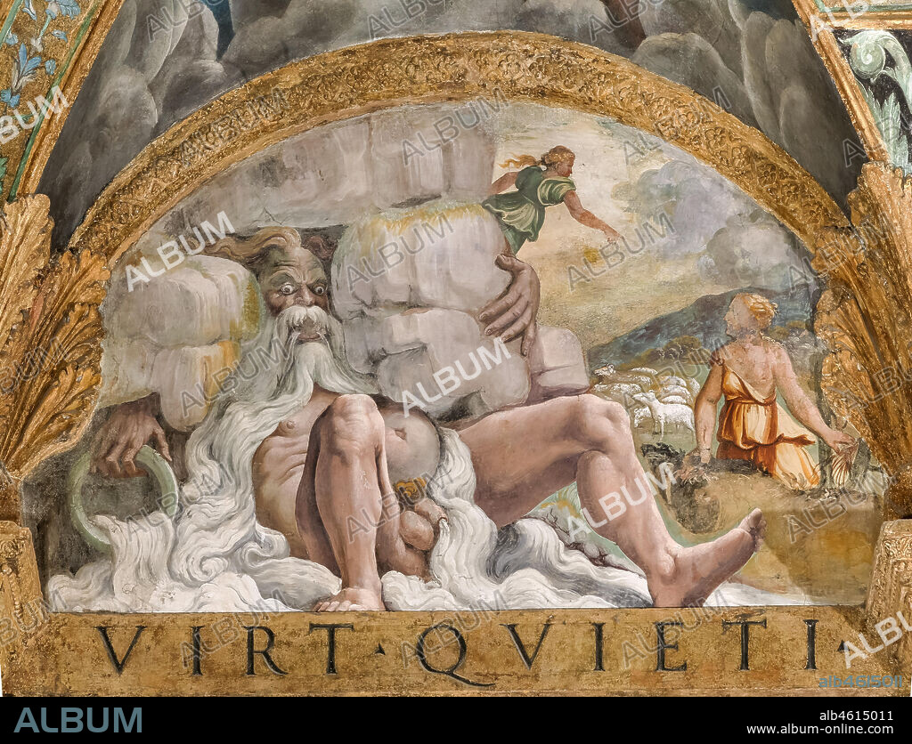 Mantua, Palazzo Te (Gonzaga's summer residence), Sala di Amore e Psiche: view of the vault, with frescoes by Giulio Romano and his assistants (1526 - 1528). Giulio Romano got his inspiration from Apuleius' Metamorphoses.. Detail of the vault with "the search of the golden wool".