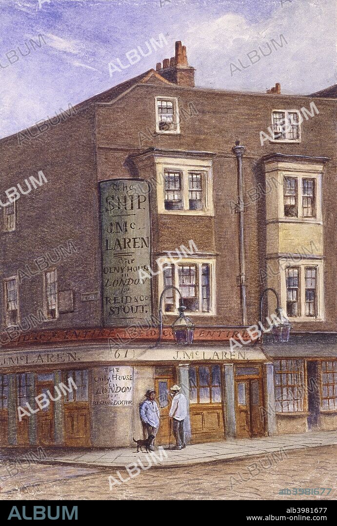 Ship Tavern, Goodman's Yard, London, c1870. View of the Ship Tavern on the corner of Goodman's Yard and Minories; two men stand talking outside, with a dog. Two large lanterns are fixed above the entrance,.