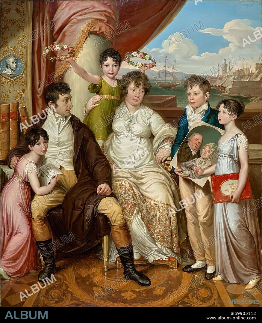 The family of the wholesaler Johann Christian Edler von Bruchmann, 1810. The family portrait shows the wholesaler Johann Christian Edler von Bruchmann (1769-1849), who came from Cologne but lived in Vienna since 1788, with his wife Justina, called Weis (1774-1840, married 1797), and his son Franz Seraph (1798-1867 ) and daughters Sibylla Justina (1799-1820), Isabella Josepha (1801-1836) and Justina Johanna Maria (1805-1829). The oval double portrait that Franz Seraph holds in his hands probably shows the merchant's parents, the merchant and factory owner in Cologne, Christian August Joseph Bruchmann and Sibylle, née von Offermann. The painter of the picture, Josef Abel, has himself immortalized in the medallion on the left edge of the picture.