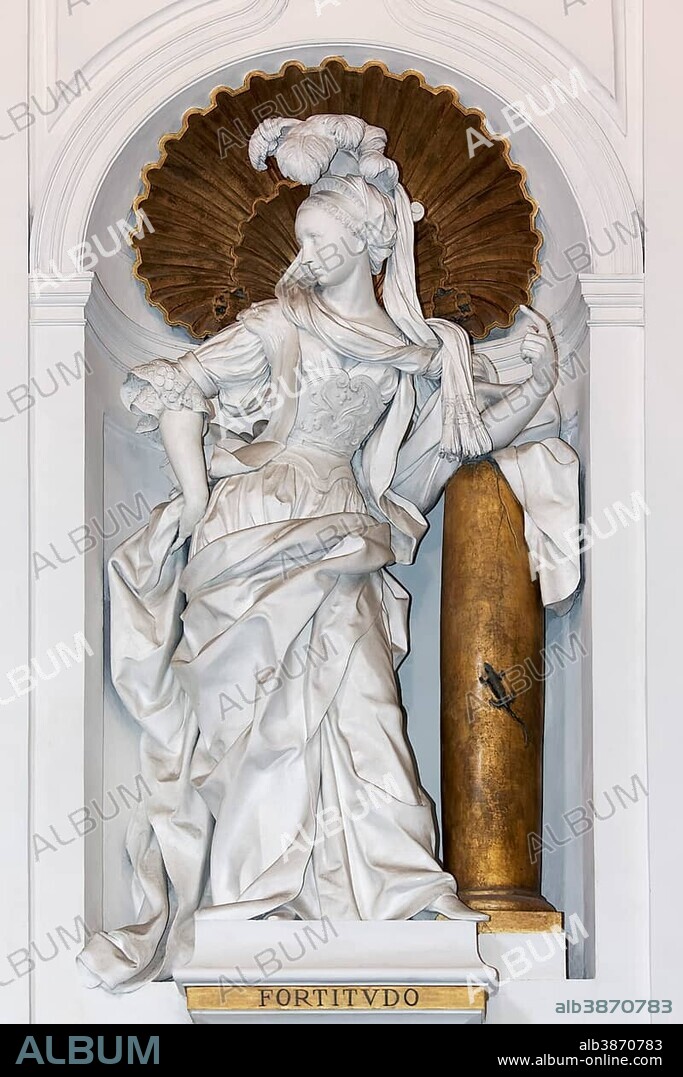 Baroque female stucco statue, "Virtue of Courage" by Giacomo Serpotta, Oratorio del Rosario di San Domenico, Palermo, Sicily, Italy