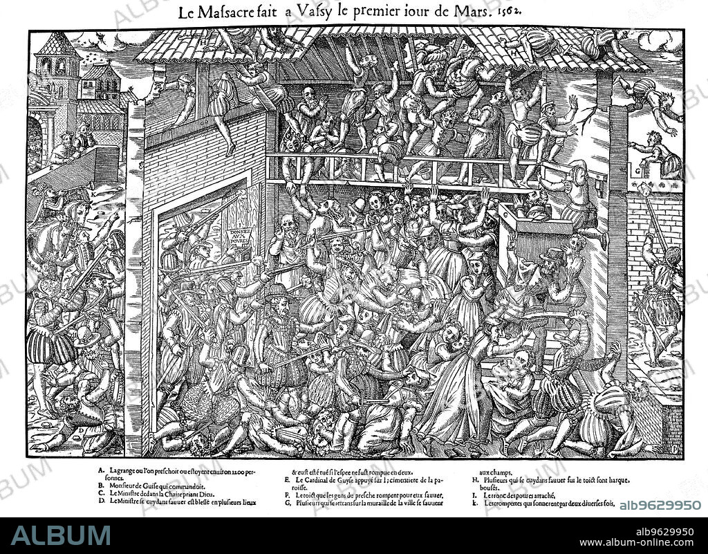 JACQUES TORTOREL et JEAN JACQUES PERRISSIN. Massacre at Vassy, French Religious Wars, 1 March 1562 (1570). Francois de Lorraine, 2nd Duc de Guise (1519-1563), directs massacre of Huguenots during a service, watched by Charles de Lorraine, Cardinal Guise (1525-1574), (top left). The massacre sparked the French Religious Wars between the Catholics and the Protestant Huguenots which took place between 1562 and 1598. The conflict ended when Henry IV issued the Edict of Nantes, granting Protestants and Catholics equal rights.