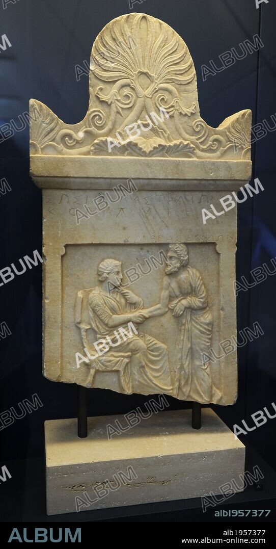 Greek Art. Gravestone. Relief crowned by palmette ornament. The dead girl, Sosilla, daughter of Straton from Kollytos in Attica, takes leave of Chaireas from Kedoi in Attica. 400-350 BC. Greece.