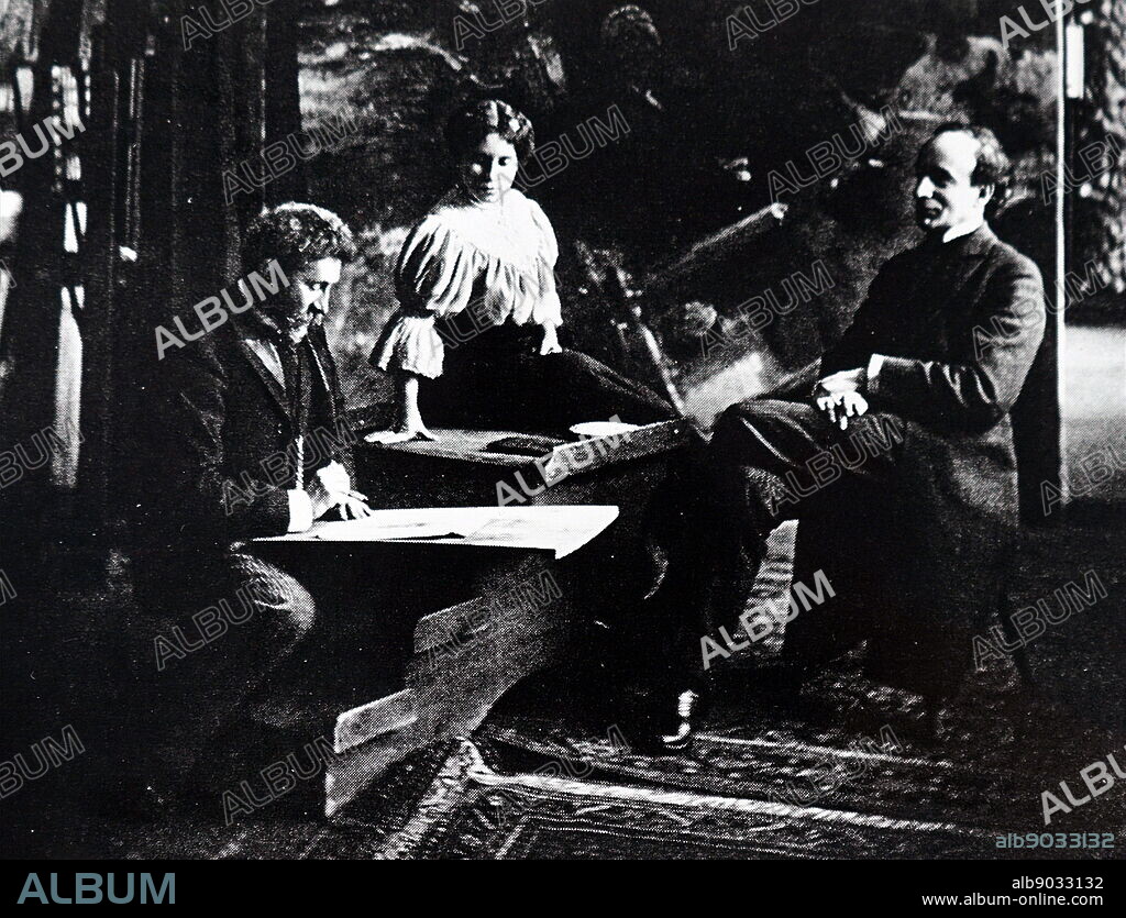 Photograph of Russian artists Ilya Repin (1844-1930) and Marize-Krasnokutskaya with Russian-American actor Gregory Gay (1900-1993). Dated 20th Century.