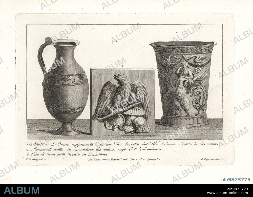 Vase depicting the apotheosis of Homer with eagles and swans, described by Johann Joachim Winckelmann 1, ancient bas-relief with eagle atop war trophies in the Farnese Gardens, Orti Farnesiani 2, and terracotta vase from Palestrina 3. Copperplate engraving by Pietro Ruga after an illustration by Lorenzo Rocceggiani from his own 100 Plates of Costumes Religious, Civil and Military of the Ancient Egyptians, Etruscans, Greeks and Romans, Franzetti, Rome, 1802.