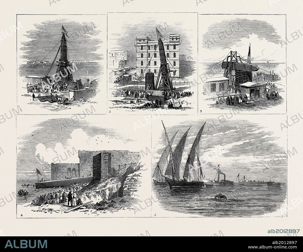 REMOVAL OF ANOTHER OBELISK FROM ALEXANDRIA, FOR TRANSPORT TO NEW YORK: 1. Obelisk erect, with lowering gear attached; 2. Lowering of Obelisk; 3. Obelisk horizontal, resting on stack of wood; 4. Launch of raft, with Obelisk; 5. Raft with Obelisk, off harbour of Alexandria; 1880.