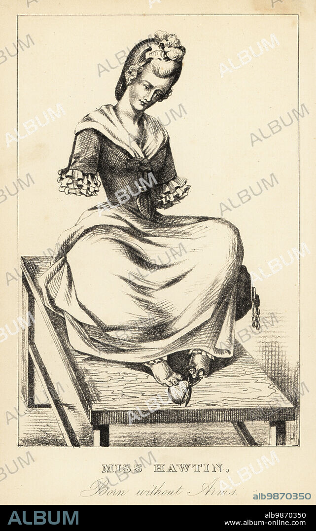 Miss Hawtin, born without arms, 18th century. Born in Coventry, she exhibited her dexterity cutting decorative watch papers with her feet all over England. From a portrait published 1774. Lithograph after a stipple engraving by Robert Cooper from Henry Wilson and James Caulfields Book of Wonderful Characters, Memoirs and Anecdotes, of Remarkable and Eccentric Persons in all ages and countries, John Camden Hotten, Piccadilly, London, 1869.