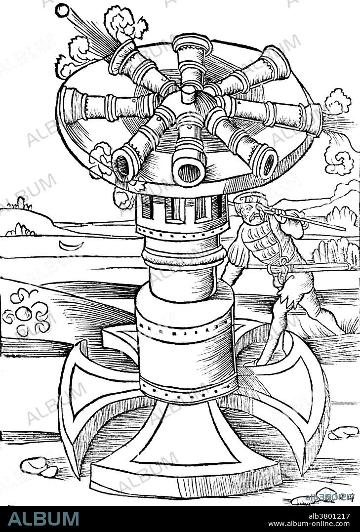 Woodcut from Vegetius', Four Books of Knighthood, 1511. German translation of De Re Militari (Concerning Military Matters) a treatise by the late Latin writer Publius Flavius Vegetius Renatus about Roman warfare and military principles. The extant text dates to the late 4th, early 5th century. Vegetius based his treatise on descriptions of Roman armies, especially those of the mid to late Republic. It is the only ancient manual of Roman military institutions to have survived intact. The treatise is carefully laid out in subsections. They are organized into four books. The fourth book on siege-craft contains the best description of Late Empire and Medieval siege machines. The German edition updated and included 16th century weaponry some that are quite fanciful.