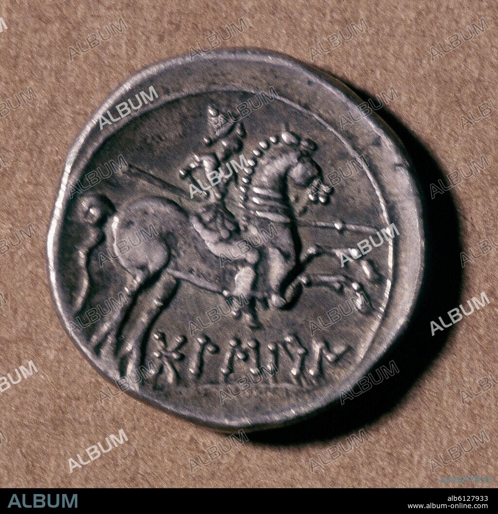 IACA-MONEDA DE LOS IACETANOS DE LA REGION DE JACA-JINETE AL GALOPE CON LANZA.