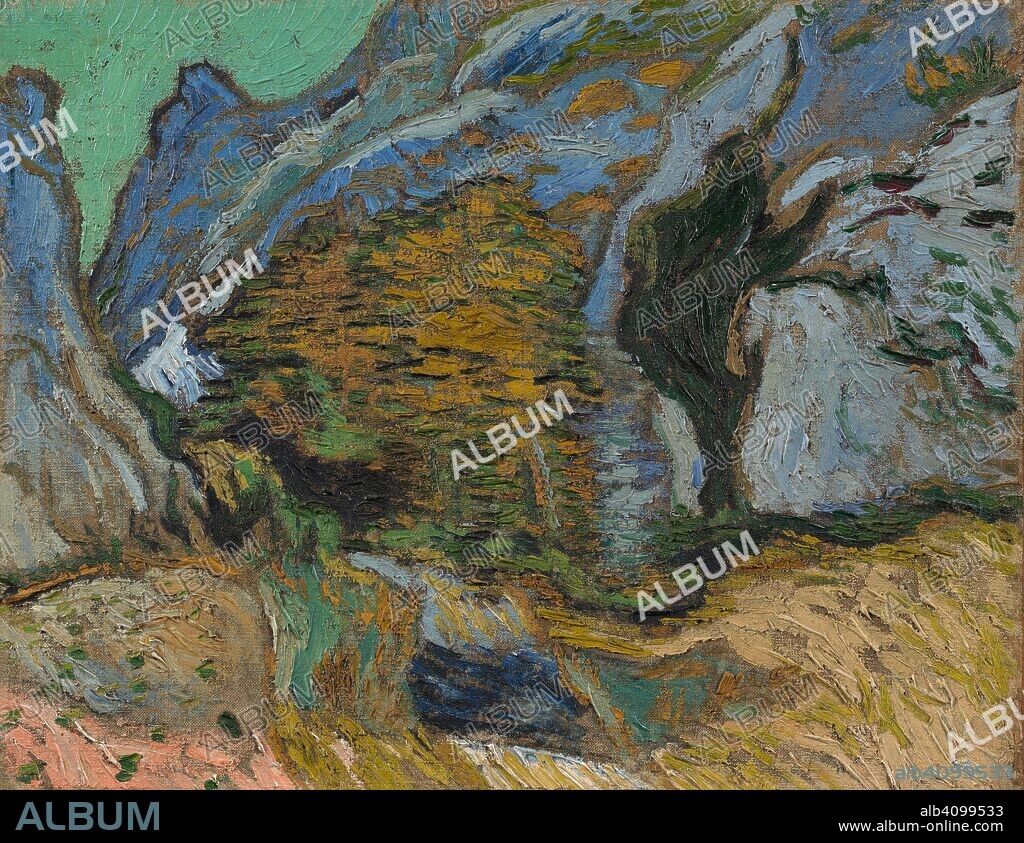 VINCENT VAN GOGH. Ravine with a Small Stream. Date: October 1889, Saint-Rémy-de-Provence. Dimensions: 32.2 cm x 41.5 cm, 48.0 cm x 56.6 cm.