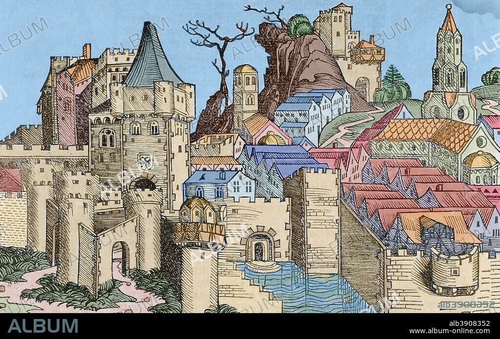Tiberiades. Ciudad hebrea mandada construir hacia el año 20 por Herodes Antipas, como capital de la tetrarquía de Galilea, en honor del emperador romano Tiberio. Grabado. Liber chronicarum, 1493. Coloreado.