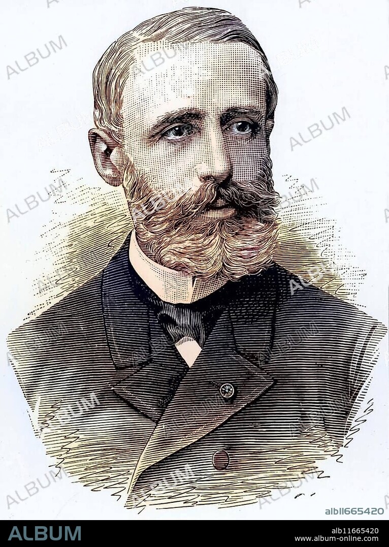 (Raymond) Gaston Plante (1834-1889) French physicist who invented the first accumulator or electric storage battery in 1859. It was a wet cell with two lead plates immersed in sulphuric acid, the electrolyte. Copperplate engraving from A travers l'Electricite by Georges Dary (Paris, ca. 1906), Historical, digitally restored reproduction from a 19th century original, Record date not stated.