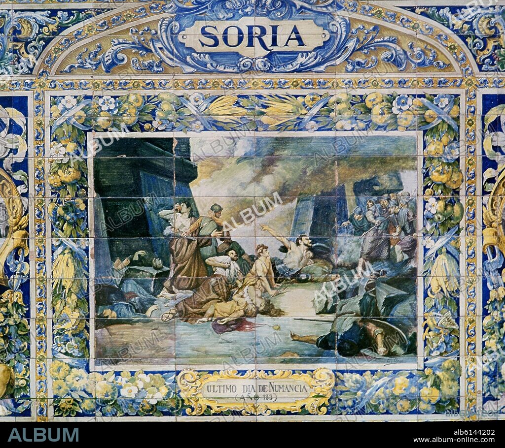 REPRESENTACION DE SORIA - ULTIMO DIA DE NUMANCIA (AÑO 133) - MOSAICO DE LA PLAZA DE ESPAÑA DE SEVILLA - SIGLO XX.