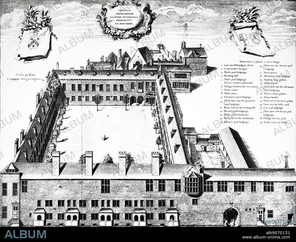 An engraving depicting Gresham College where the Royal Society was formally constituted on 28th November 1660, and where it met until 1710. Dated 18th century.