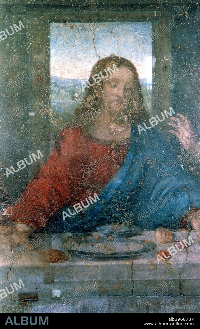 'The Last Supper', Detail, 1495-1498. Jesus with the twelve apostles. The painting is a mural commissioned by Lodovico Sforza, Duke of Milan for the refectory of the convent of Santa Maria delle Grazie, Milan, Italy.