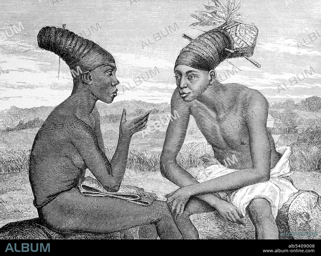 The Mangbetu are a people of the Democratic Republic of the Congo.  The Mangbetu stood out to European colonists because of their elongated heads. Traditionally, babies' heads were wrapped tightly with cloth in order to give them this distinctive appearance (Lipombo).  The Kingdom of Kongo was a kingdom located in west central Africa in present-day Angola, the Democratic Republic of the Congo, the Republic of the Congo as well as part of Gabon.  Africa illustrated by William. R. Smith; illustrated by the most eminent artists, 1889 (cropped and cleaned).